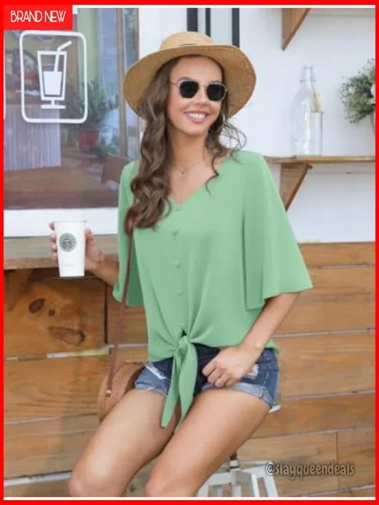 Casual V-Neck Batwing Sleeve Chiffon Blouse Tie Front Button Down - Picture 3 of 4